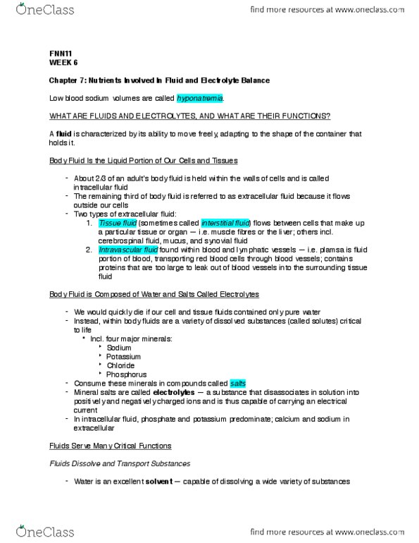 FNN 111 Chapter Notes - Chapter 7-8: Hypernatremia, Potassium Chloride, Heart Failure thumbnail