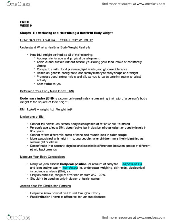 FNN 111 Chapter Notes - Chapter 11-12: Body Mass Index, Brown Adipose Tissue, Lean Body Mass thumbnail