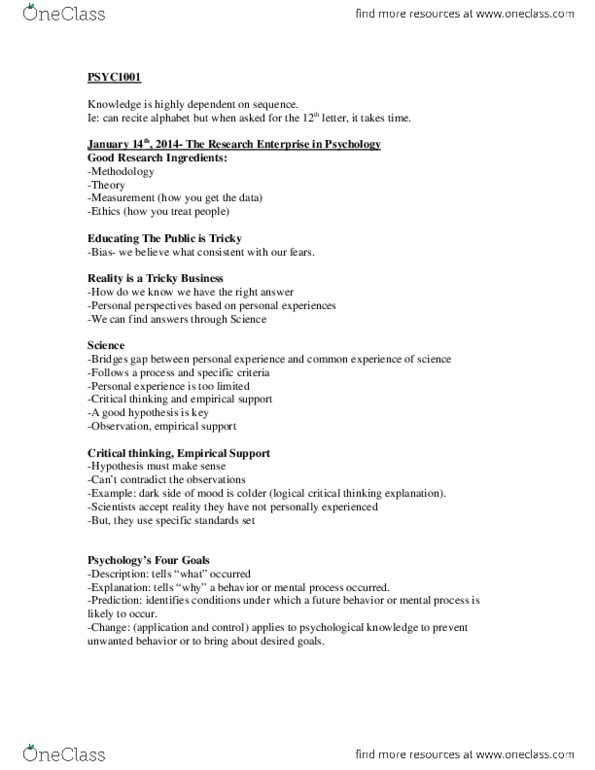 PSYC 1001 Lecture Notes - Lecture 1: Hindbrain, Electroencephalography, Howlong thumbnail