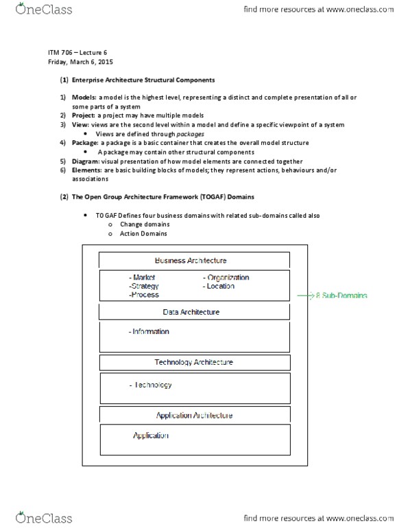 ITM 706 Lecture Notes - Lecture 6: The Open Group Architecture Framework, Enterprise Architecture, Business Process Management thumbnail