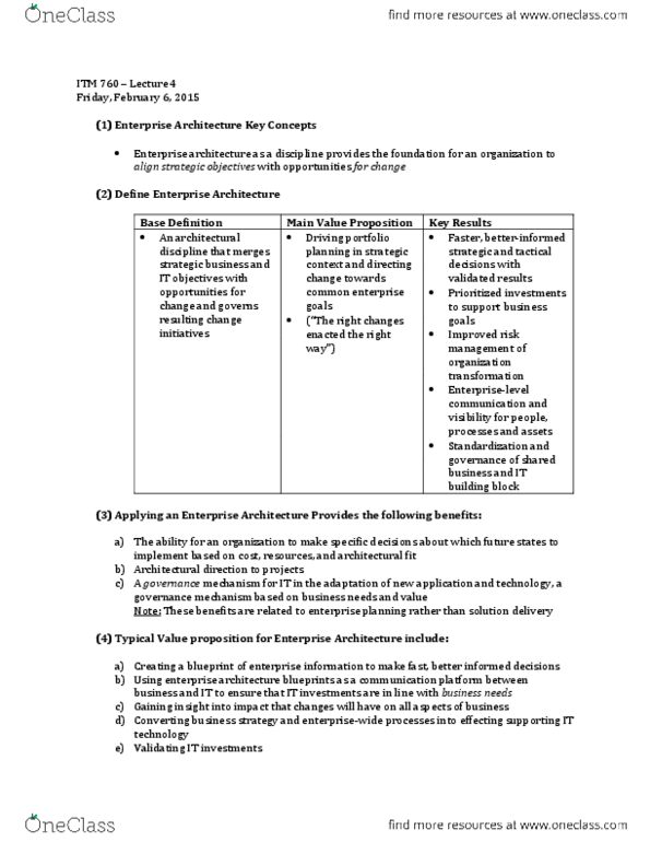 ITM 706 Lecture Notes - Lecture 4: Enterprise Architecture, Value Proposition, The Open Group Architecture Framework thumbnail