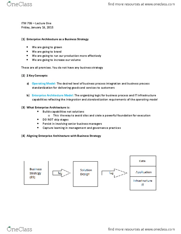 ITM 706 Lecture Notes - Lecture 1: Enterprise Architecture, Operating Model, Business Process thumbnail