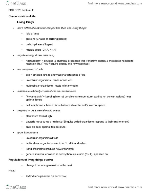 BIOL 1F25 Lecture Notes - Lecture 1: Monera, Eukaryote, Chordate thumbnail