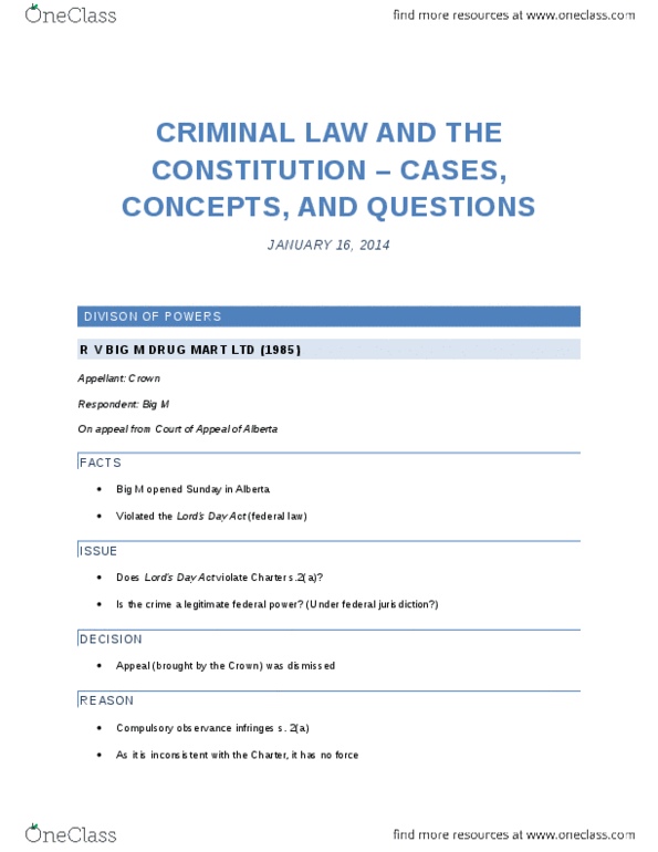 LS202 Lecture Notes - Lecture 2: R V Big M Drug Mart Ltd, Habeas Corpus, War Measures Act thumbnail