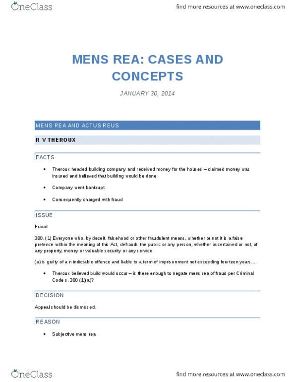 LS202 Lecture Notes - Lecture 4: Actus Reus, Indictable Offence, Mens Rea thumbnail