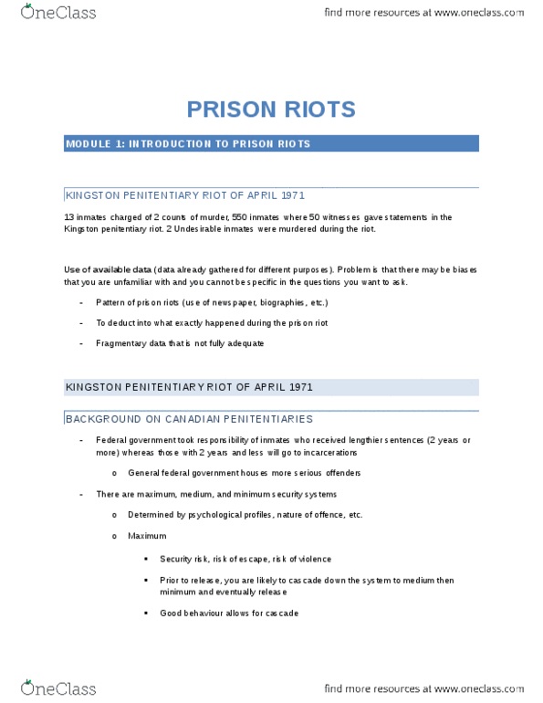 SOC229 Lecture Notes - Lecture 1: Kingston Penitentiary, Cabaret Balkan, Michigan State Prison thumbnail