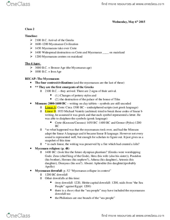 CLA 1101 Lecture Notes - Lecture 2: Tiryns, Minoan Civilization thumbnail