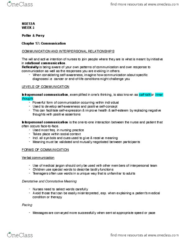 NSE 12A/B Chapter Notes - Chapter 17: Nonverbal Communication, Interpersonal Communication, Active Listening thumbnail