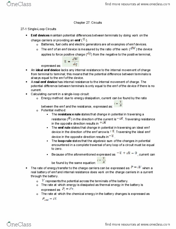 PH 122 Chapter Notes - Chapter 27: Internal Resistance, Potential Method, Chapter 27 thumbnail