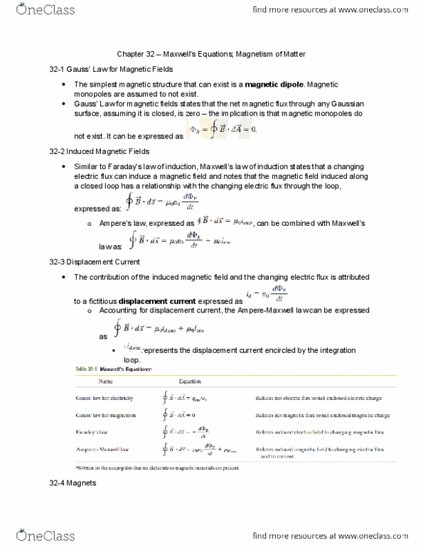 PH 122 Chapter Notes - Chapter 32: Magnetic Quantum Number, Magnetic Monopole, Displacement Current thumbnail