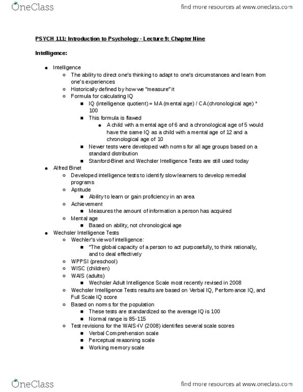 PSYCH 111 Lecture Notes - Lecture 9: Wechsler Adult Intelligence Scale, Flynn Effect, Intellectual Disability thumbnail