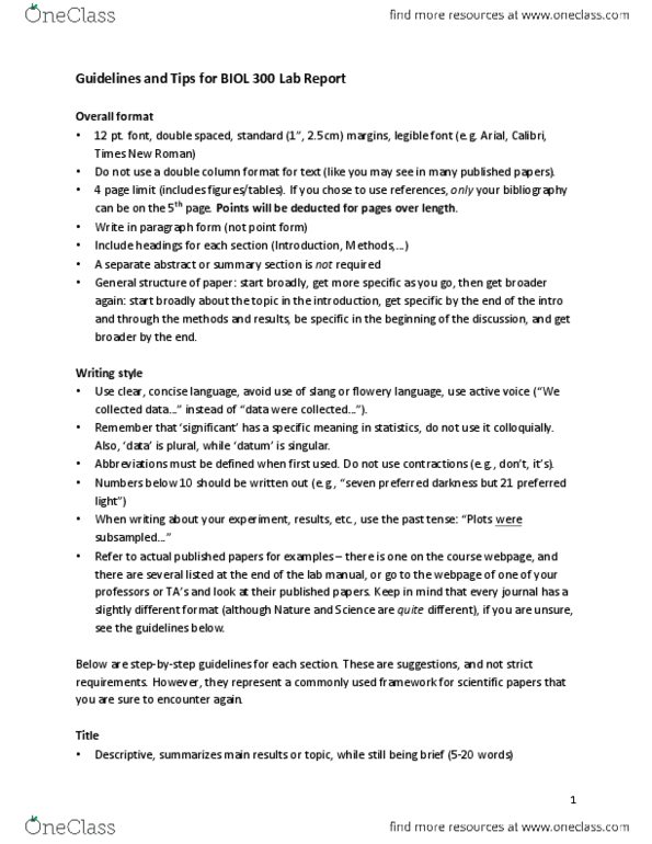 BIOL 300 Lecture Notes - Lecture 1: Lab Report, Test Statistic, Calibri thumbnail