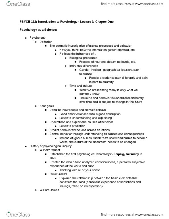 PSYCH 111 Lecture Notes - Lecture 1: Wilhelm Wundt, Unconscious Mind, Behaviorism thumbnail