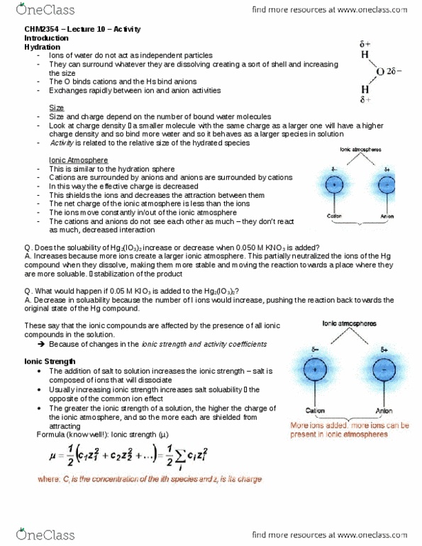 CHM 2354 Lecture Notes - Lecture 10: Ionic Strength, Ion, Sodium Chloride thumbnail