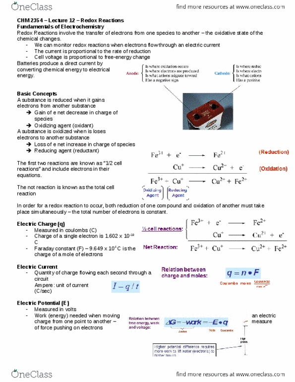 CHM 2354 Lecture Notes - Lecture 12: Faraday Constant, Oxidizing Agent, Galvanic Cell thumbnail