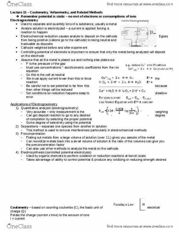 CHM 2354 Lecture Notes - Lecture 15: Electrosynthesis, Voltammetry, Coulometry thumbnail