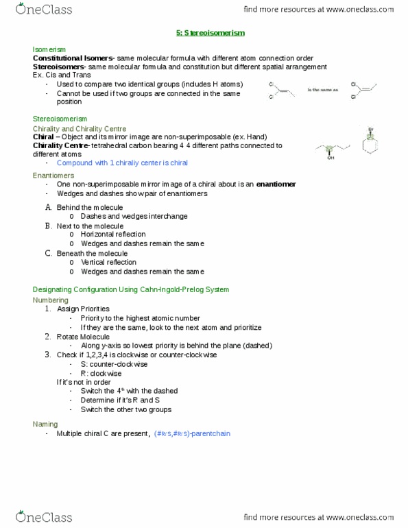 CHEM 2OA3 Chapter Notes - Chapter 5: Specific Rotation, Racemic Mixture, Stereoisomerism thumbnail