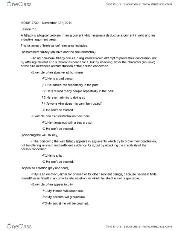 MODR 1730 Lecture Notes - Lecture 18: Ad Hominem, Deductive Reasoning, Genetic Fallacy thumbnail