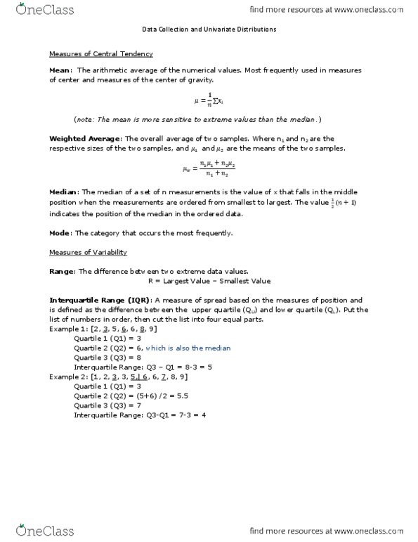 STA 3033 Chapter Notes - Chapter 1: Interquartile Range, Quartile, Standard Deviation thumbnail