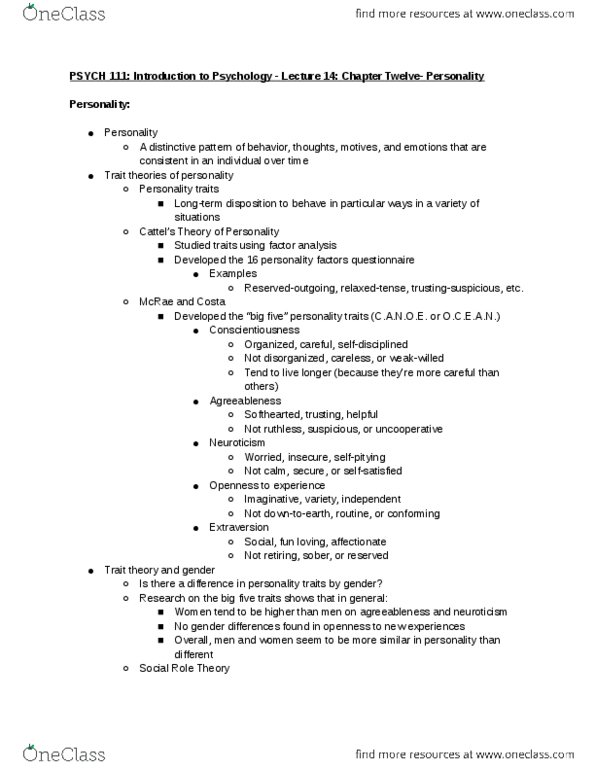 PSYCH 111 Lecture Notes - Lecture 14: 16Pf Questionnaire, Penis Envy, Phallic Stage thumbnail