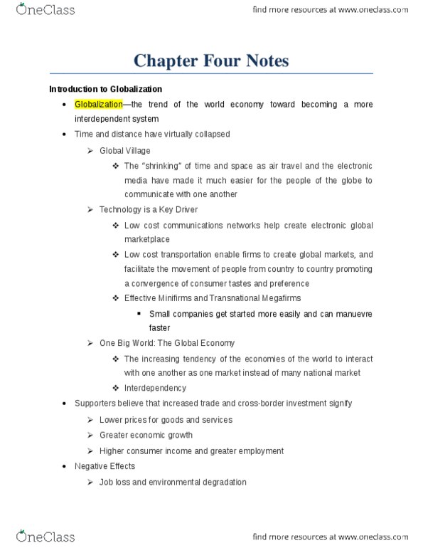 MAN 3025 Chapter Notes - Chapter 4: World Economy, Cultural Imperialism, International Trade thumbnail