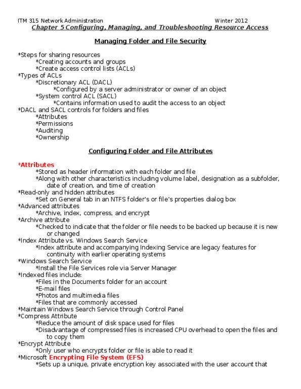 ITM 315 Chapter Notes - Chapter 5: Encrypting File System thumbnail