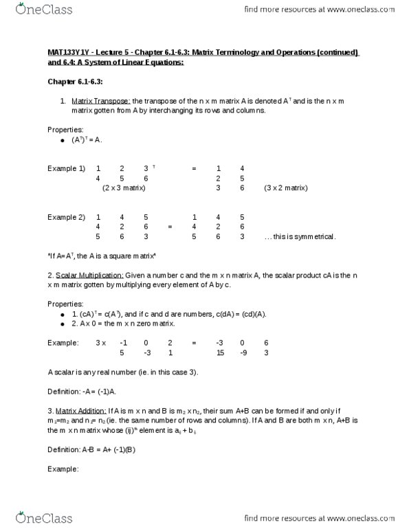 MAT133Y1 Lecture Notes - Lecture 5: Matrix Multiplication, Transpose, Axa thumbnail