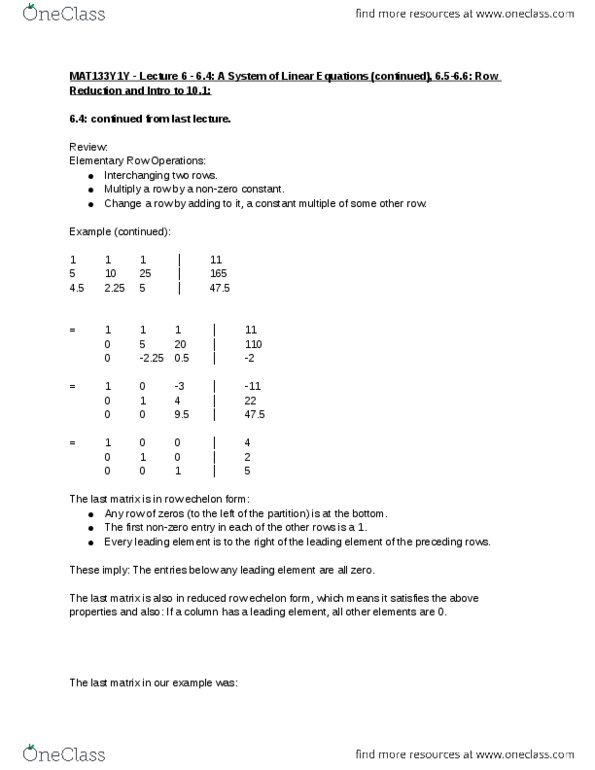 MAT133Y1 Lecture Notes - Lecture 6: Row Echelon Form, 7Z, Invertible Matrix thumbnail