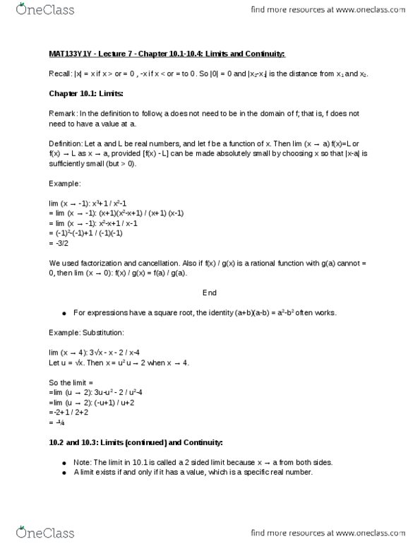 MAT133Y1 Lecture 7: Ch10.1-10.4: Limits and Continuity thumbnail