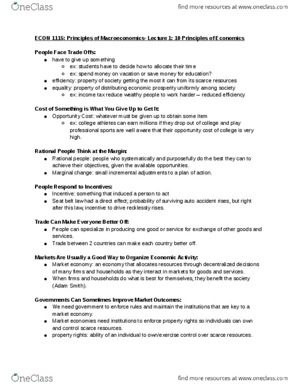 ECON 1115 Lecture Notes - Lecture 1: Seat Belt, Opportunity Cost, Market Failure thumbnail