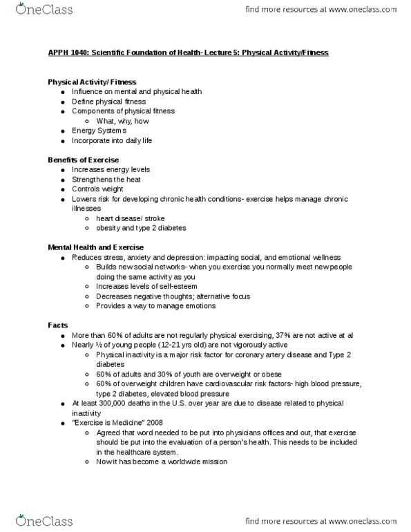 APPH 1040 Lecture Notes - Lecture 5: Dennis Kipruto Kimetto, Coronary Artery Disease, Exercise Intensity thumbnail