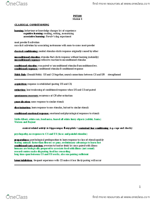 PSY100H1 Chapter Notes - Chapter 6: Nucleus Accumbens, Mirror Neuron, Fear Conditioning thumbnail