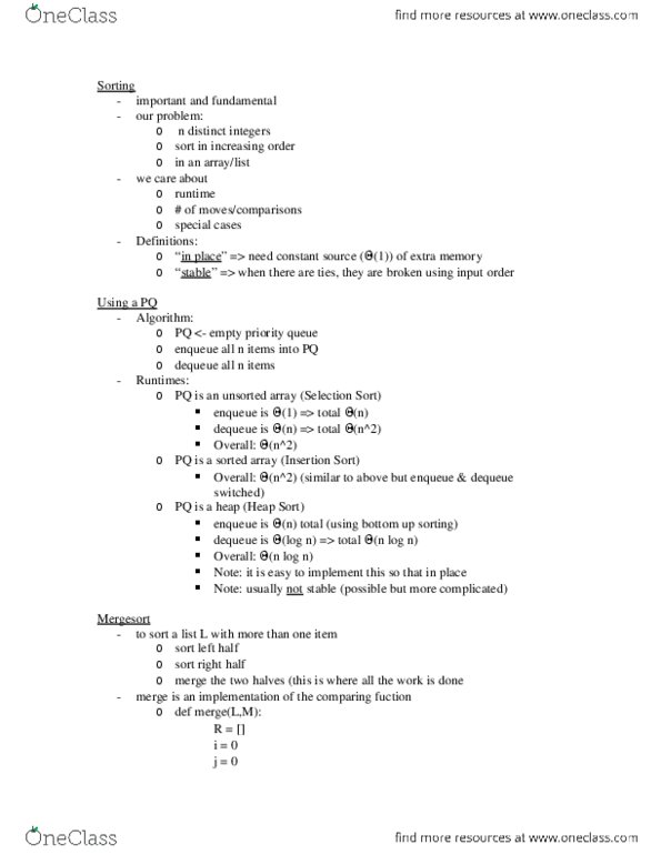 CS234 Lecture Notes - Lecture 13: Quicksort, Merge Sort thumbnail