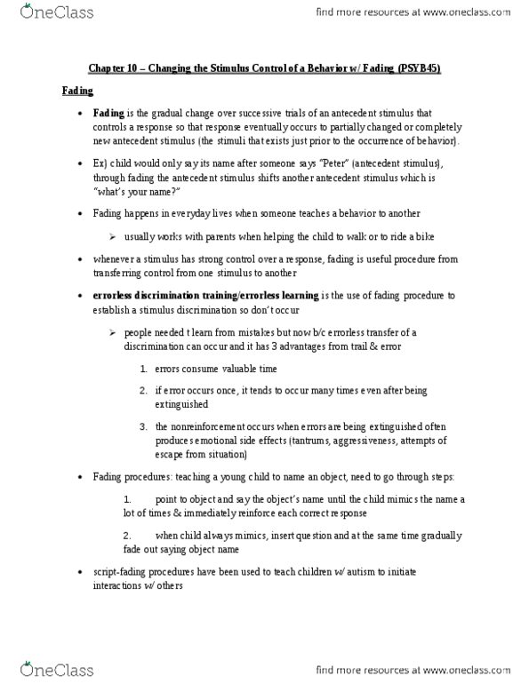 PSYB45H3 Chapter Notes - Chapter 10: Stimulus Control, The Fading, Classical Conditioning thumbnail