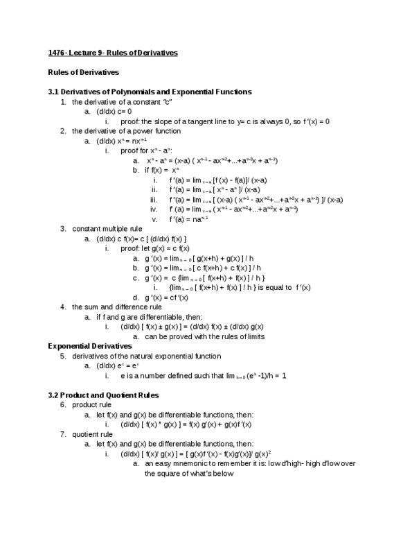 MATH 111 Lecture Notes - Lecture 9: Quotient Rule, Mnemonic, Exponential Function thumbnail