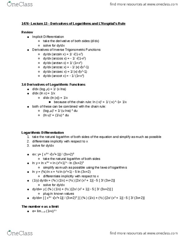 MATH 111 Lecture Notes - Lecture 13: Indeterminate Form, Inverse Trigonometric Functions, Minute And Second Of Arc thumbnail