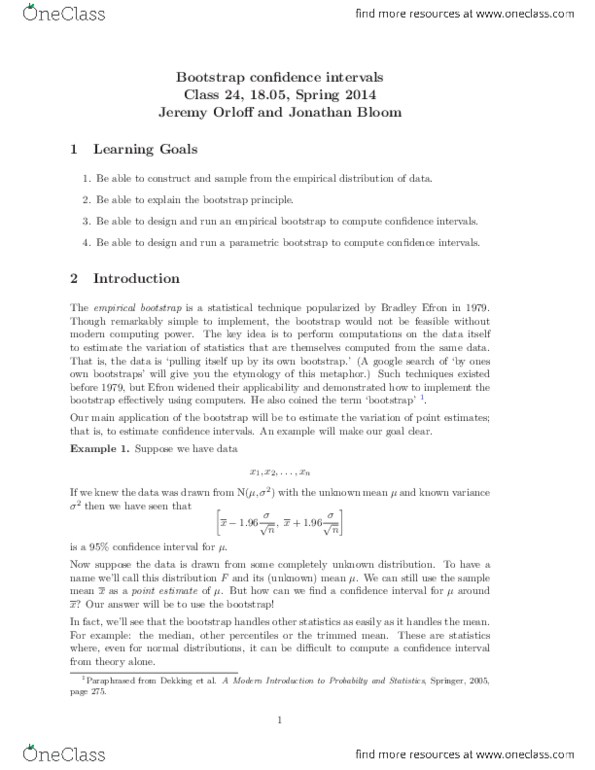 18.05 Lecture Notes - Lecture 24: Confidence Interval, Bootstrap Model, Mit Opencourseware thumbnail