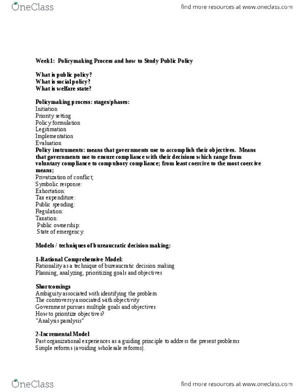 POLS 3170 Lecture Notes - Lecture 1: Analysis Paralysis, Tax Expenditure, State Ownership thumbnail