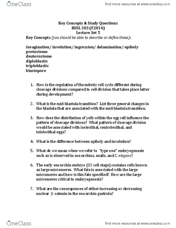 BIOL303 Lecture Notes - Lecture 12: Catenin, Gastrulation, Blastula thumbnail