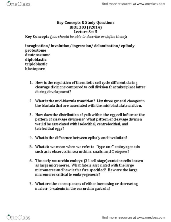 BIOL303 Lecture Notes - Lecture 10: Catenin, Gastrulation, Blastula thumbnail