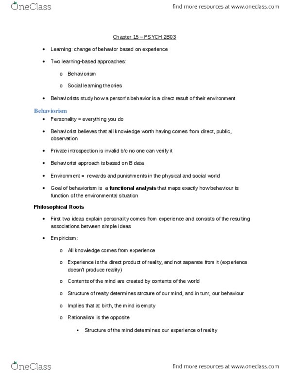 PSYCH 2B03 Chapter Notes - Chapter 15: Bungee Jumping, Social Learning Theory, Learned Helplessness thumbnail