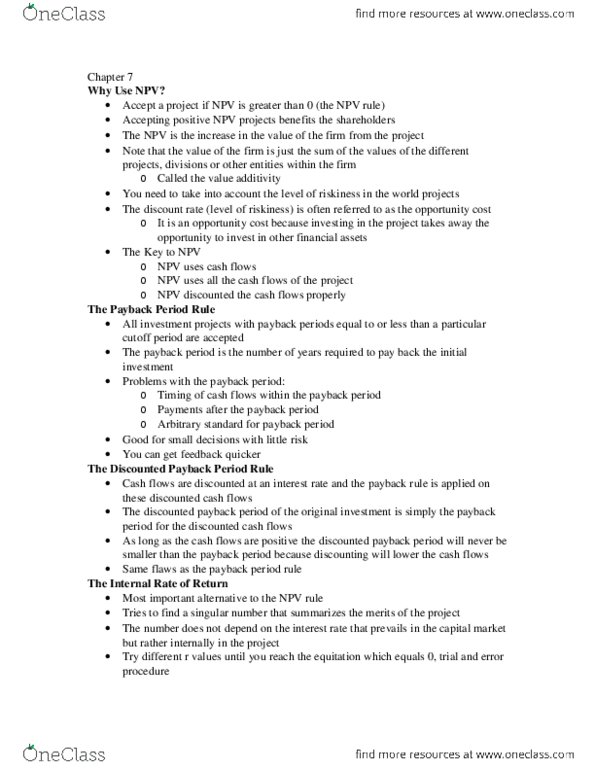 BU393 Chapter Notes - Chapter 7: Net Present Value thumbnail