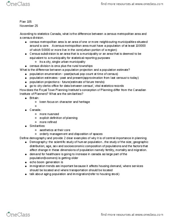 PLAN105 Lecture Notes - Lecture 15: Census Geographic Units Of Canada, Population Projection, Heritage Canada thumbnail