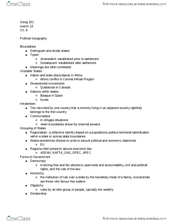 GEOG101 Lecture Notes - Lecture 10: Self Immolation, Mohamed Bouazizi, Irredentism thumbnail