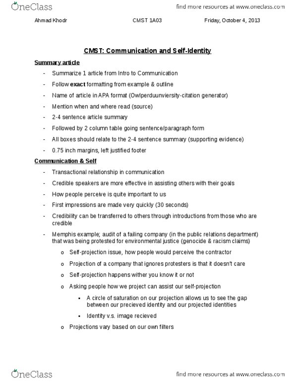 CMST 1A03 Lecture Notes - Lecture 4: Impression Management, Mobile Computing, Erving Goffman thumbnail