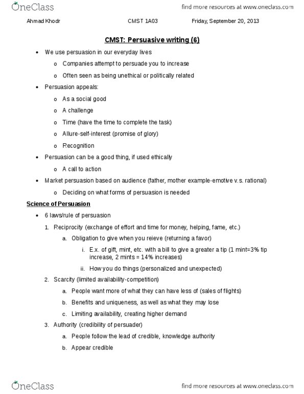 CMST 1A03 Lecture Notes - Lecture 10: Reductio Ad Absurdum, Cognitive Dissonance, Persuasive Writing thumbnail