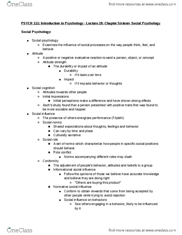 PSYCH 111 Lecture Notes - Lecture 19: Fear Appeal, Normative Social Influence, Cognitive Dissonance thumbnail