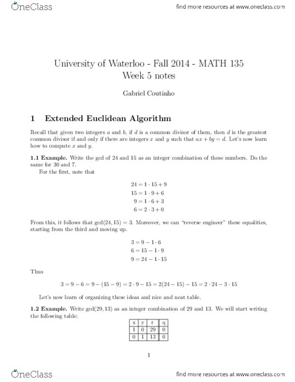 MATH135 Lecture Notes - Lecture 5: Coprime Integers, Extended Euclidean Algorithm thumbnail