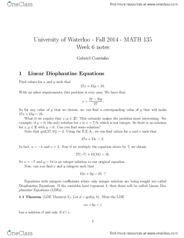 MATH135 Lecture Notes - Lecture 6: Equestrianism, Coprime Integers thumbnail
