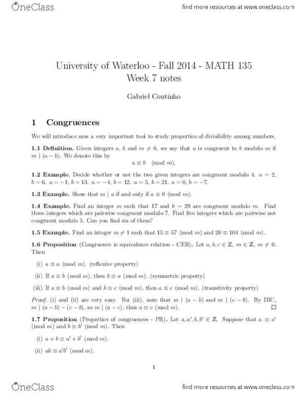 MATH135 Lecture Notes - Lecture 7: Prime Number, Coprime Integers, Division Algorithm thumbnail